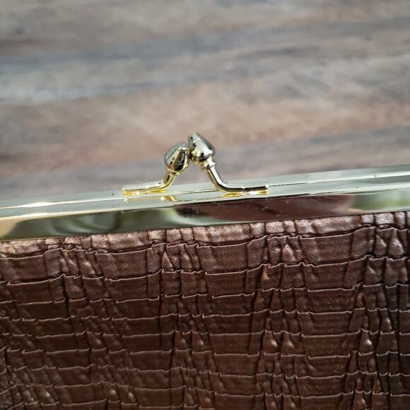 VTG Brown Sheen Braided Satin Textured Kiss Lock Crossbody Clutch Handbag - Picture 4 of 12